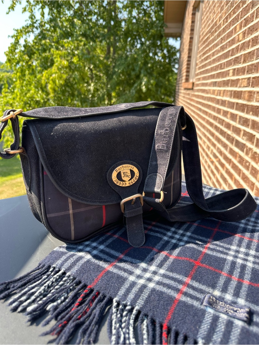 Burberry Navy and Red Check Messenger Bag with Gold Medallion
